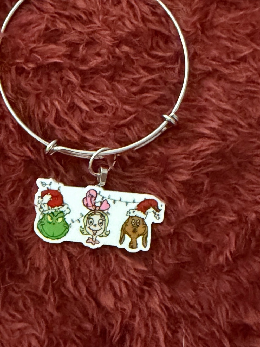 Silver Charm Bangle Bracelet with Red and White Holiday Character Charm